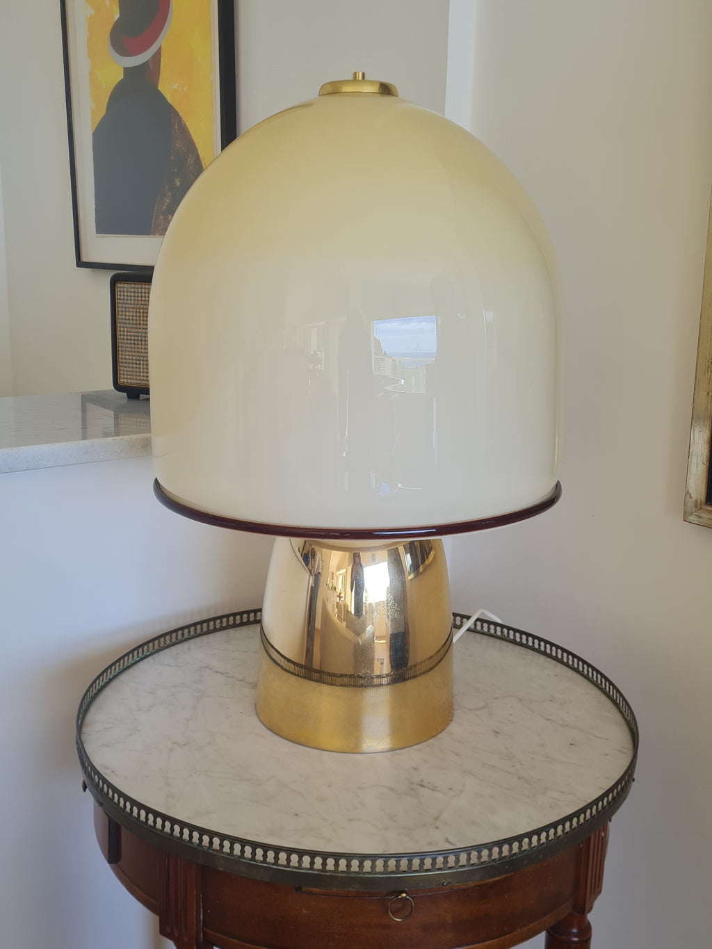 Large Italian Mid-Century Mushroom Table Lamp — Opaline Murano Glass Dome & Polished Brass, c. 1970s