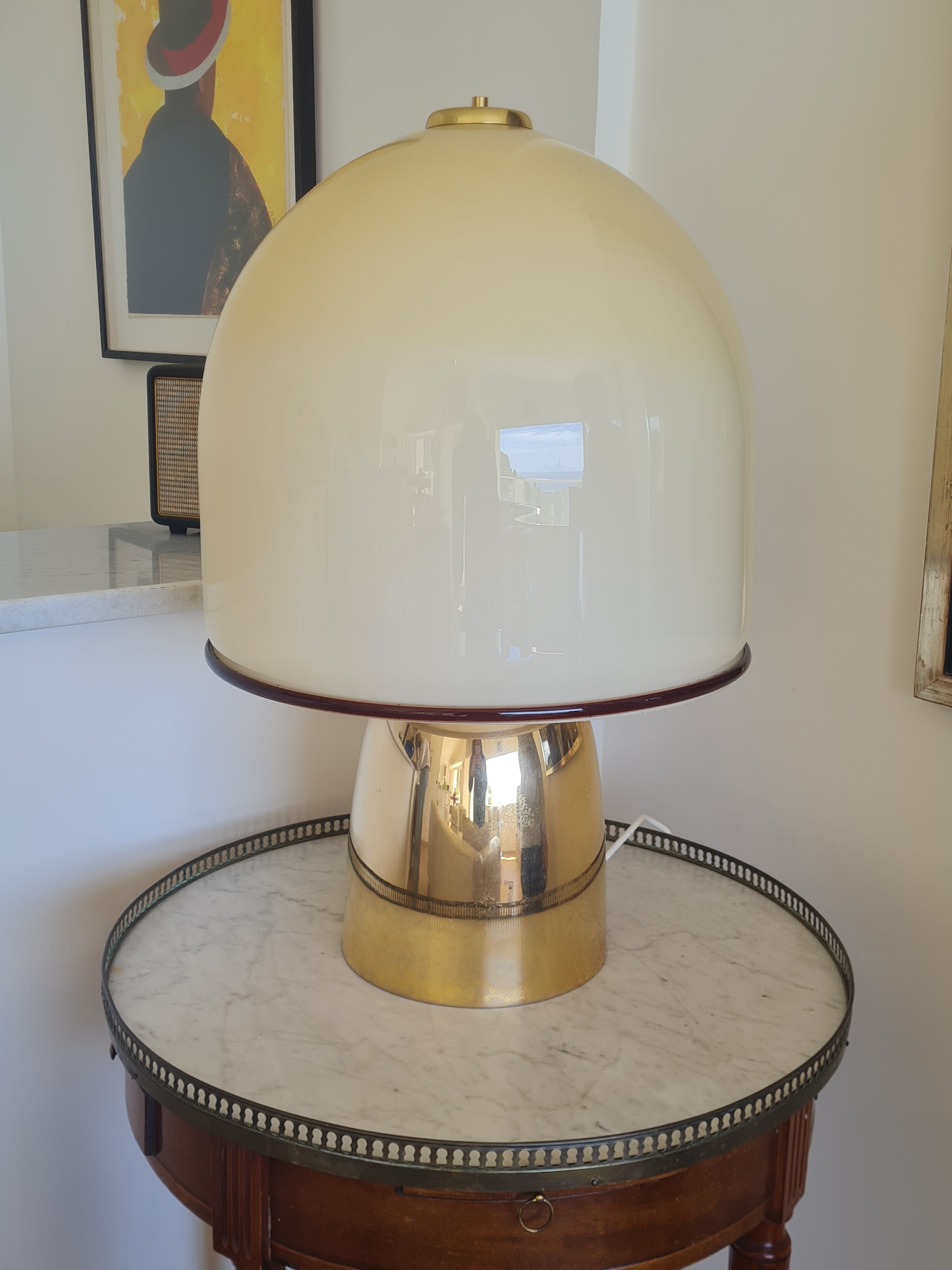 Large Italian Mid-Century Mushroom Table Lamp — Opaline Murano Glass Dome & Polished Brass, c. 1970s