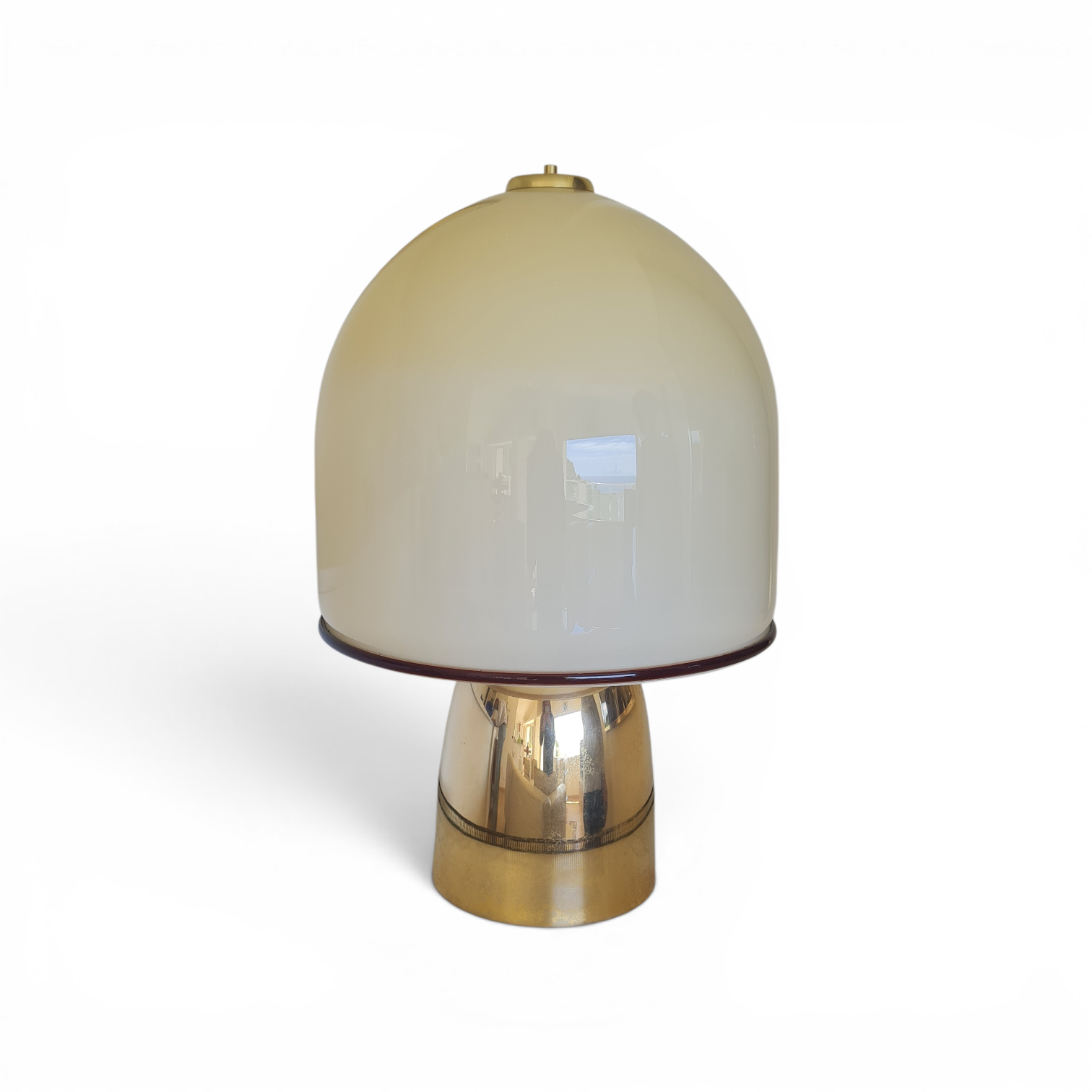 Large Italian Mid-Century Mushroom Table Lamp — Opaline Murano Glass Dome & Polished Brass, c. 1970s