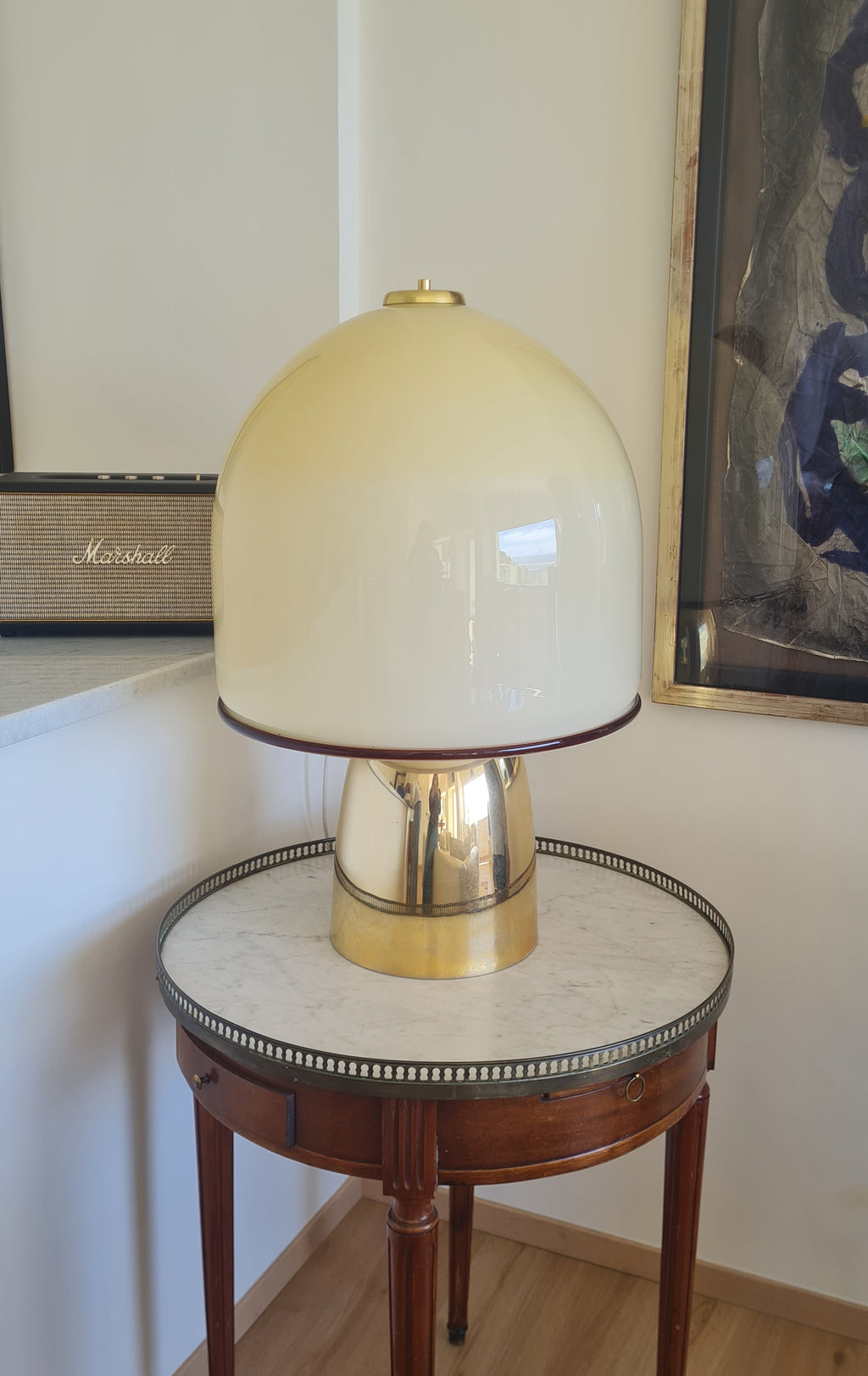 Large Italian Mid-Century Mushroom Table Lamp — Opaline Murano Glass Dome & Polished Brass, c. 1970s