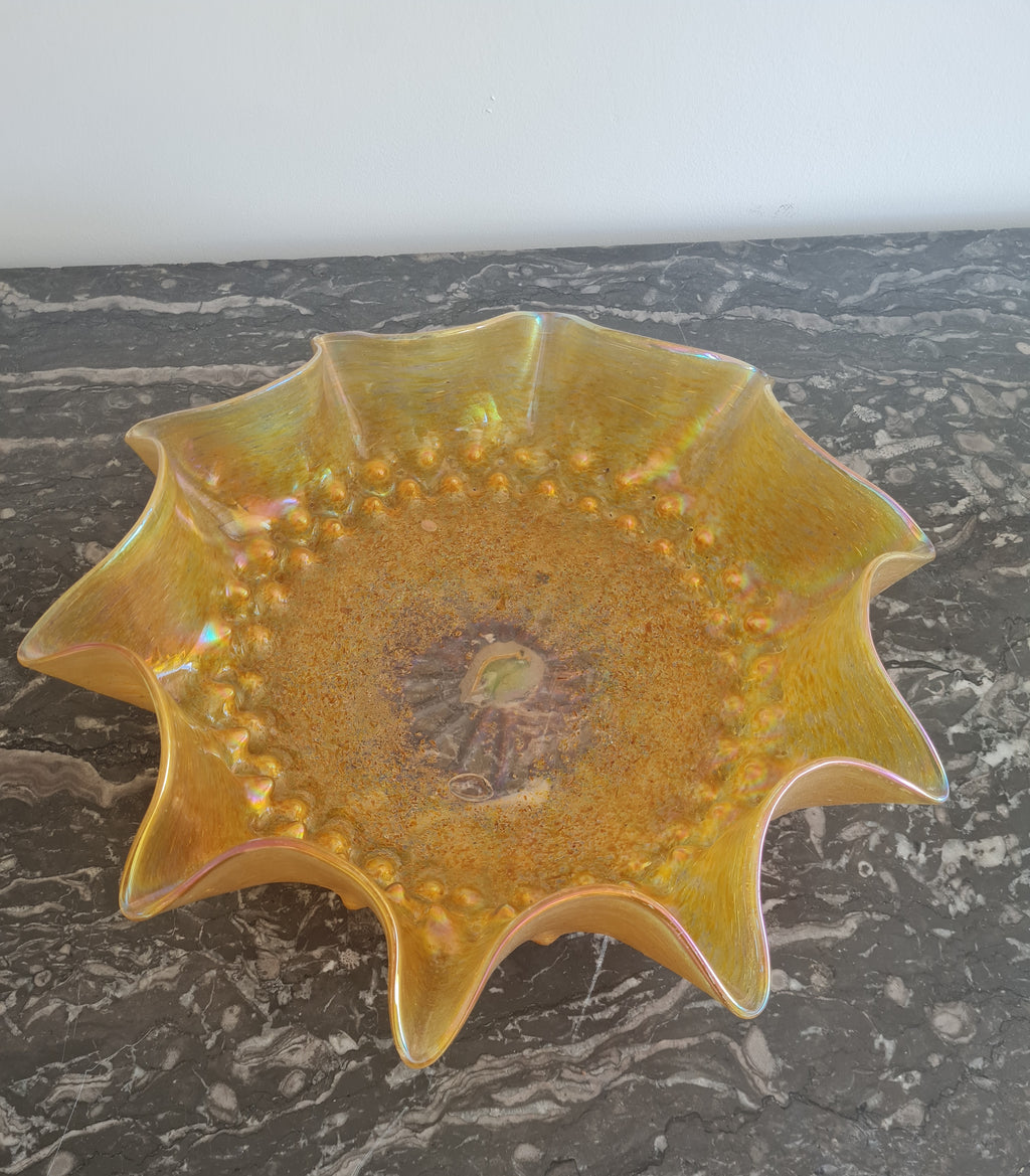 Bohemian Art Nouveau “Candia” Iridescent Gold Centerpiece Bowl with Spiked Rim and Applied Prunts – c. 1898–1905