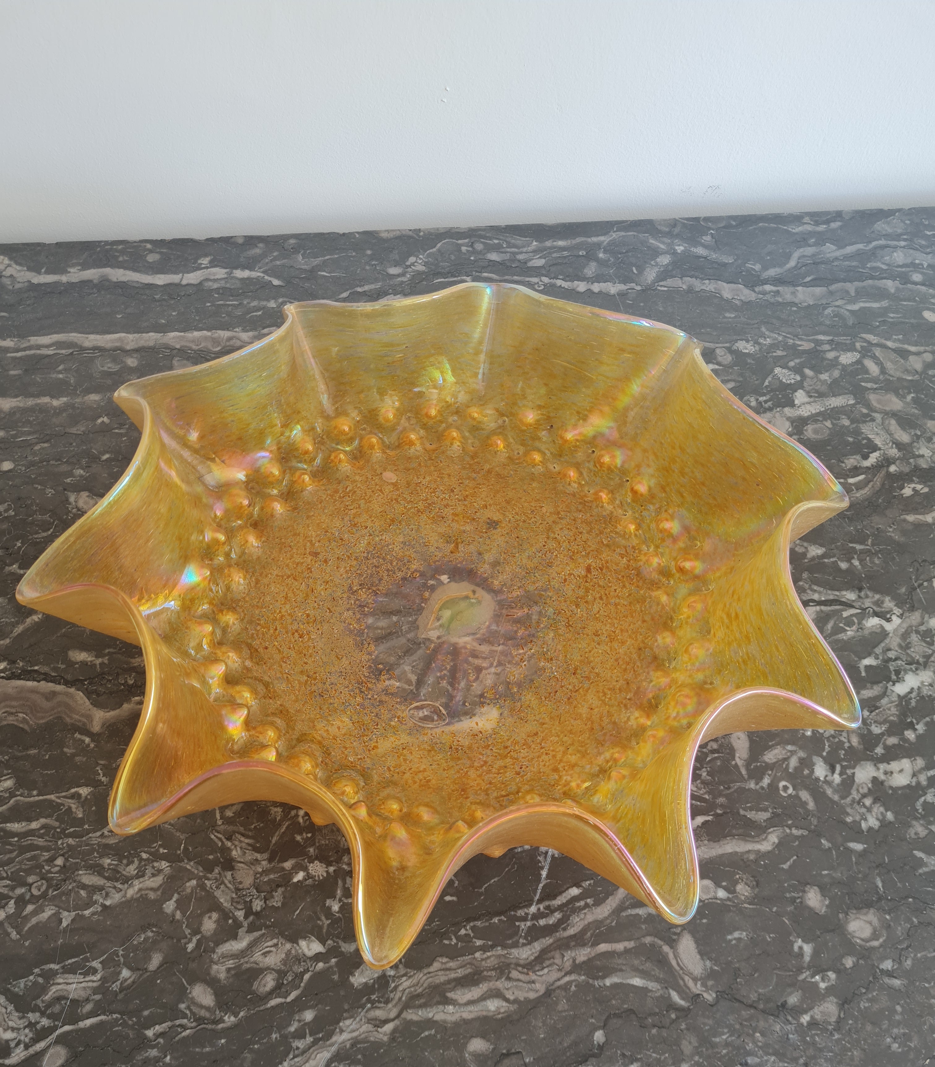 Bohemian Art Nouveau “Candia” Iridescent Gold Centerpiece Bowl with Spiked Rim and Applied Prunts – c. 1898–1905