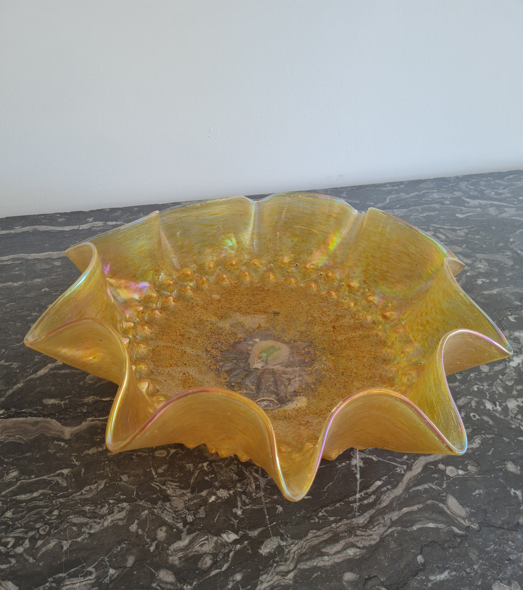 Bohemian Art Nouveau “Candia” Iridescent Gold Centerpiece Bowl with Spiked Rim and Applied Prunts – c. 1898–1905