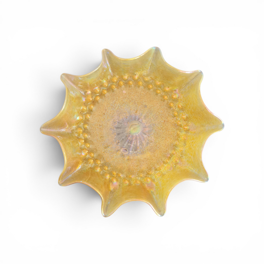 Bohemian Art Nouveau “Candia” Iridescent Gold Centerpiece Bowl with Spiked Rim and Applied Prunts – c. 1898–1905