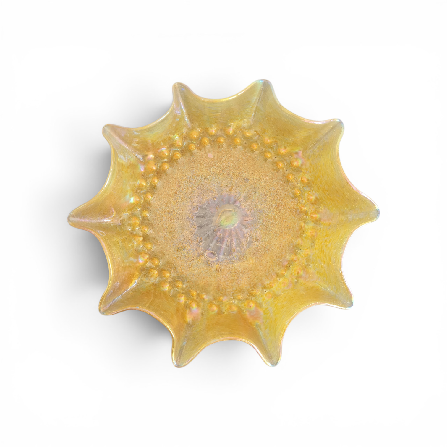 Bohemian Art Nouveau “Candia” Iridescent Gold Centerpiece Bowl with Spiked Rim and Applied Prunts – c. 1898–1905