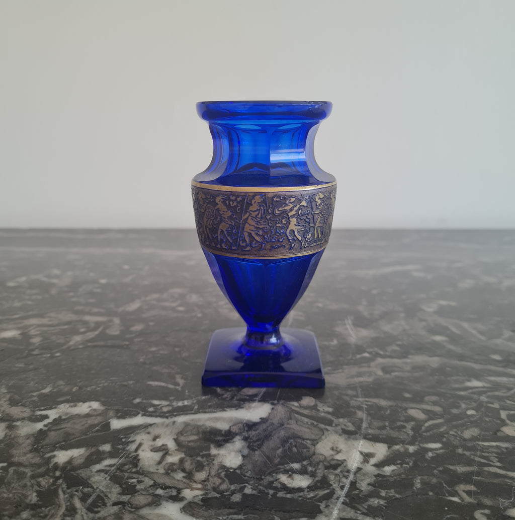 Ludwig Moser & Sons – Pair of Cobalt “Saphir” Glass Pieces with Acid-Etched Gilt Classical Frieze – Karlsbad (Karlovy Vary), Czechoslovakia, c. 1920s