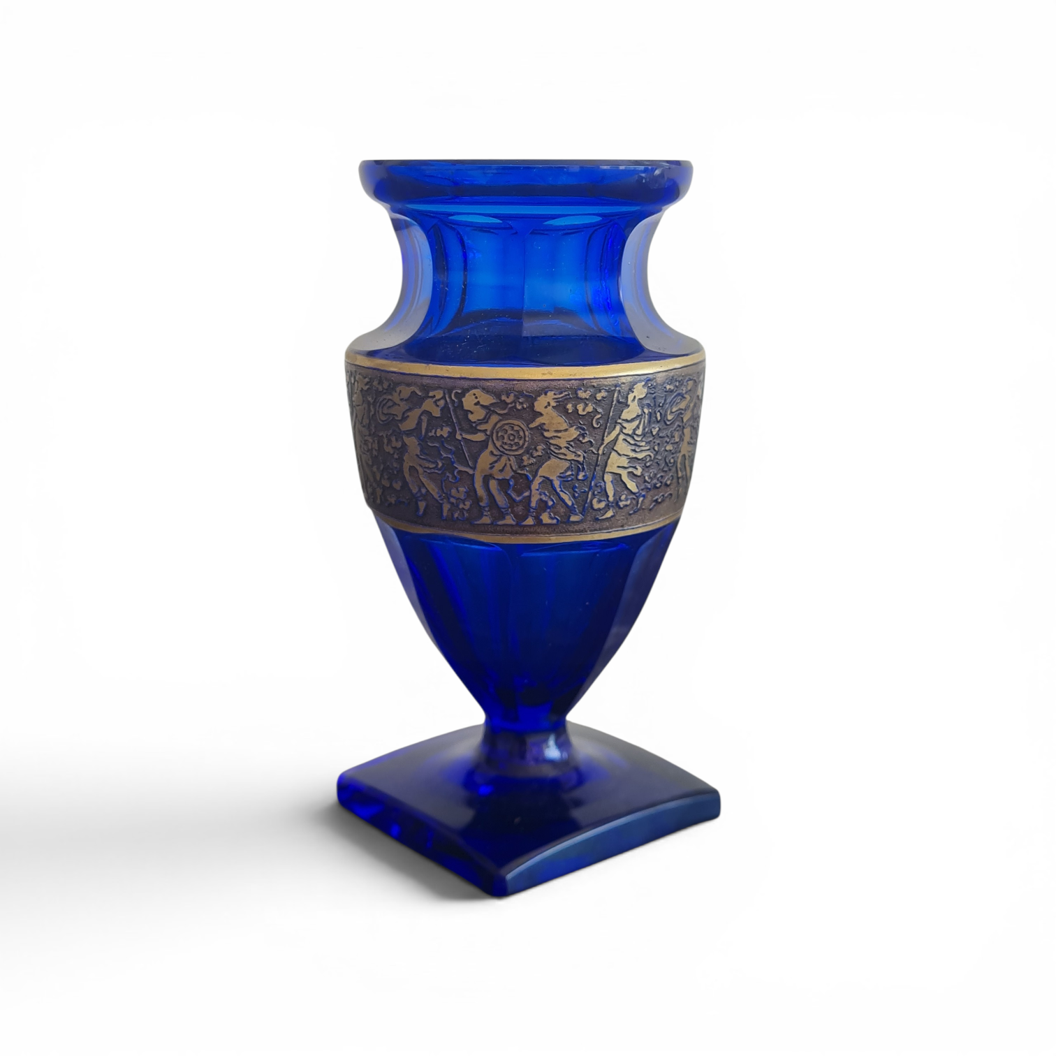 Ludwig Moser & Sons – Pair of Cobalt “Saphir” Glass Pieces with Acid-Etched Gilt Classical Frieze – Karlsbad (Karlovy Vary), Czechoslovakia, c. 1920s