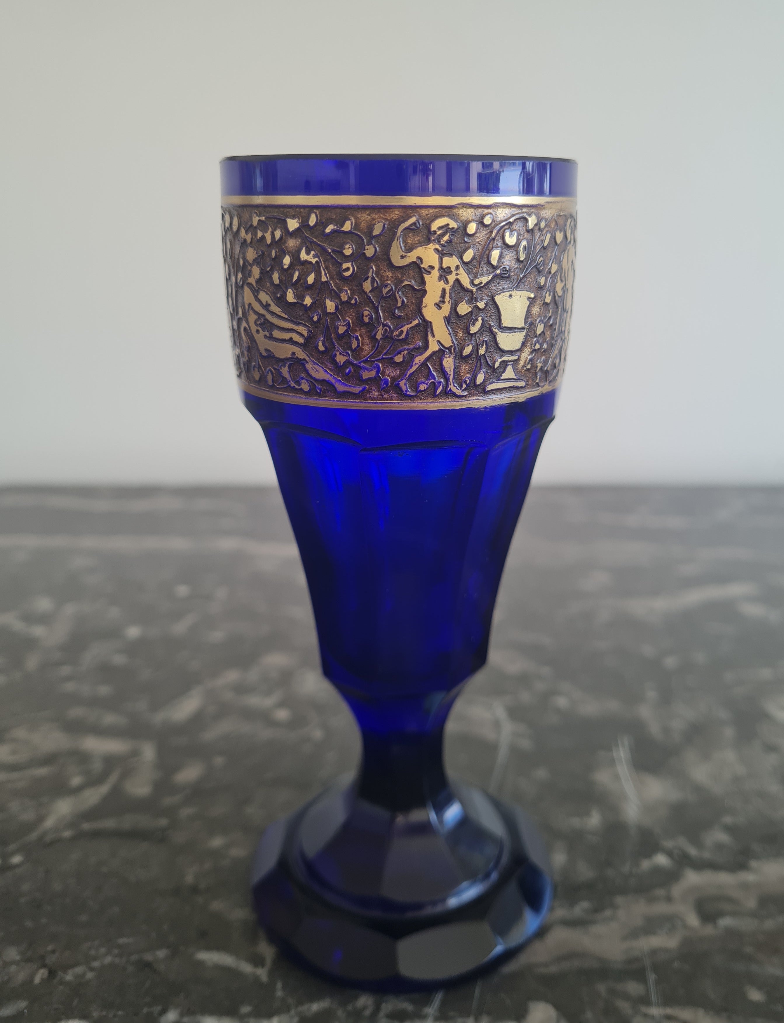 Ludwig Moser & Sons – Pair of Cobalt “Saphir” Glass Pieces with Acid-Etched Gilt Classical Frieze – Karlsbad (Karlovy Vary), Czechoslovakia, c. 1920s