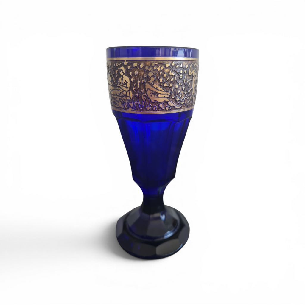 Ludwig Moser & Sons – Pair of Cobalt “Saphir” Glass Pieces with Acid-Etched Gilt Classical Frieze – Karlsbad (Karlovy Vary), Czechoslovakia, c. 1920s