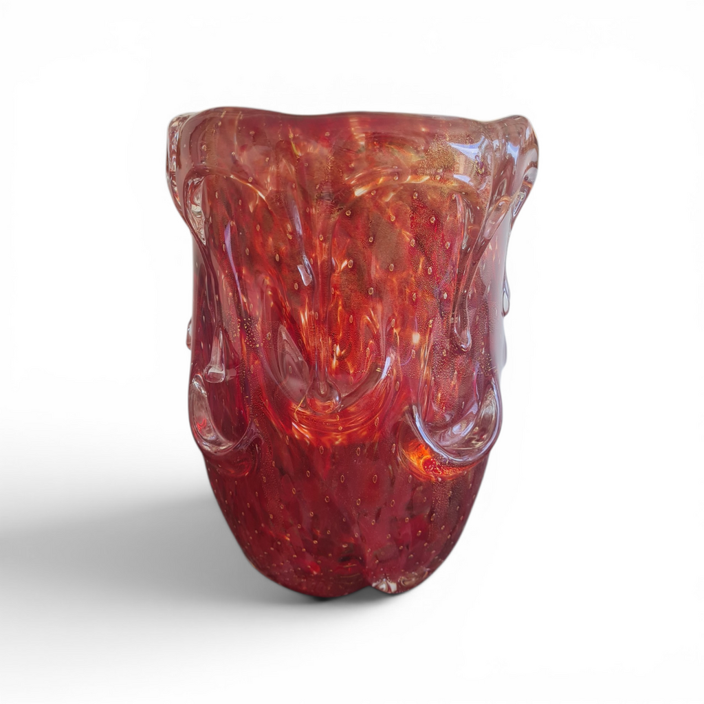 Murano – Large Ruby Red “Rubino” Art Glass Vase with Bullicante, Avventurina Gold Dust & Applied Morise – Italy, c. 1950s–60s