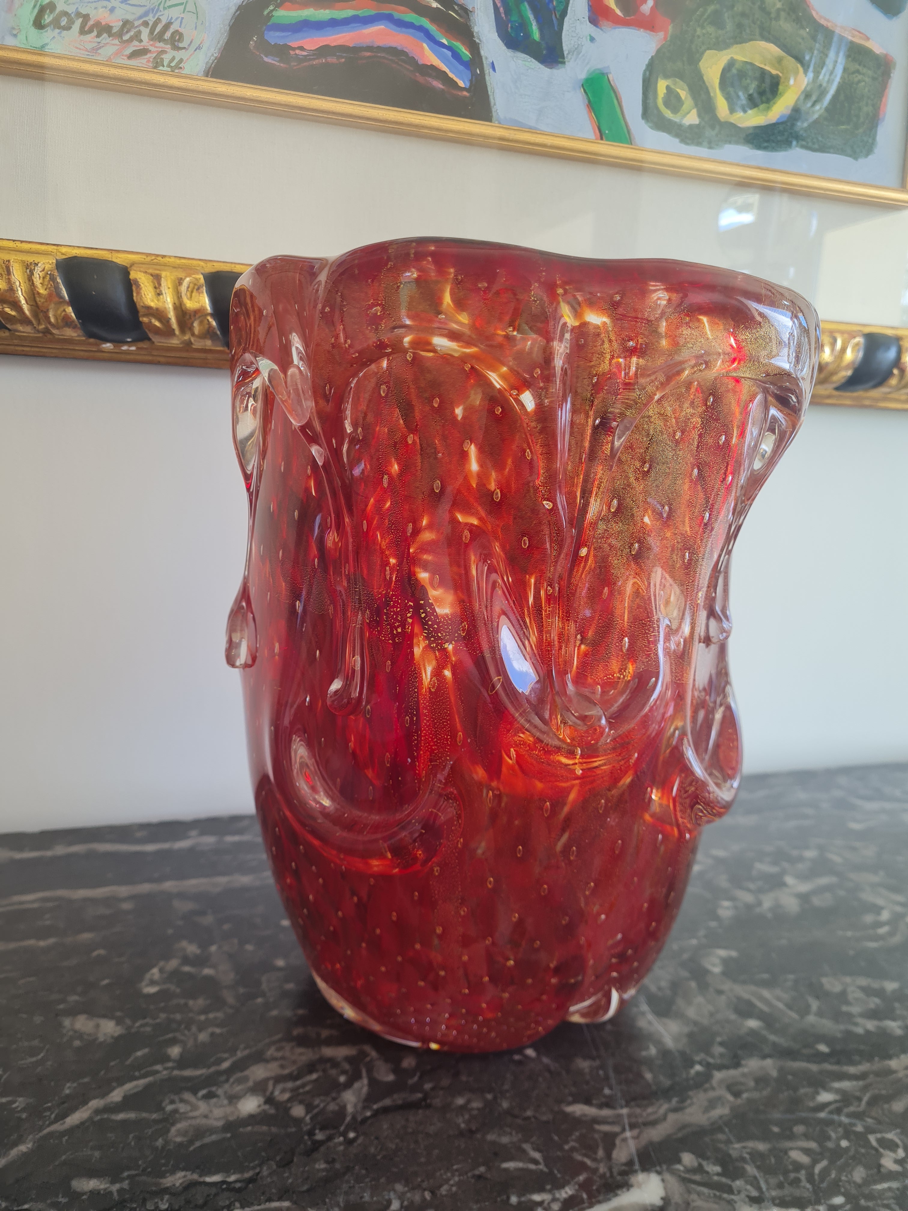 Murano – Large Ruby Red “Rubino” Art Glass Vase with Bullicante, Avventurina Gold Dust & Applied Morise – Italy, c. 1950s–60s