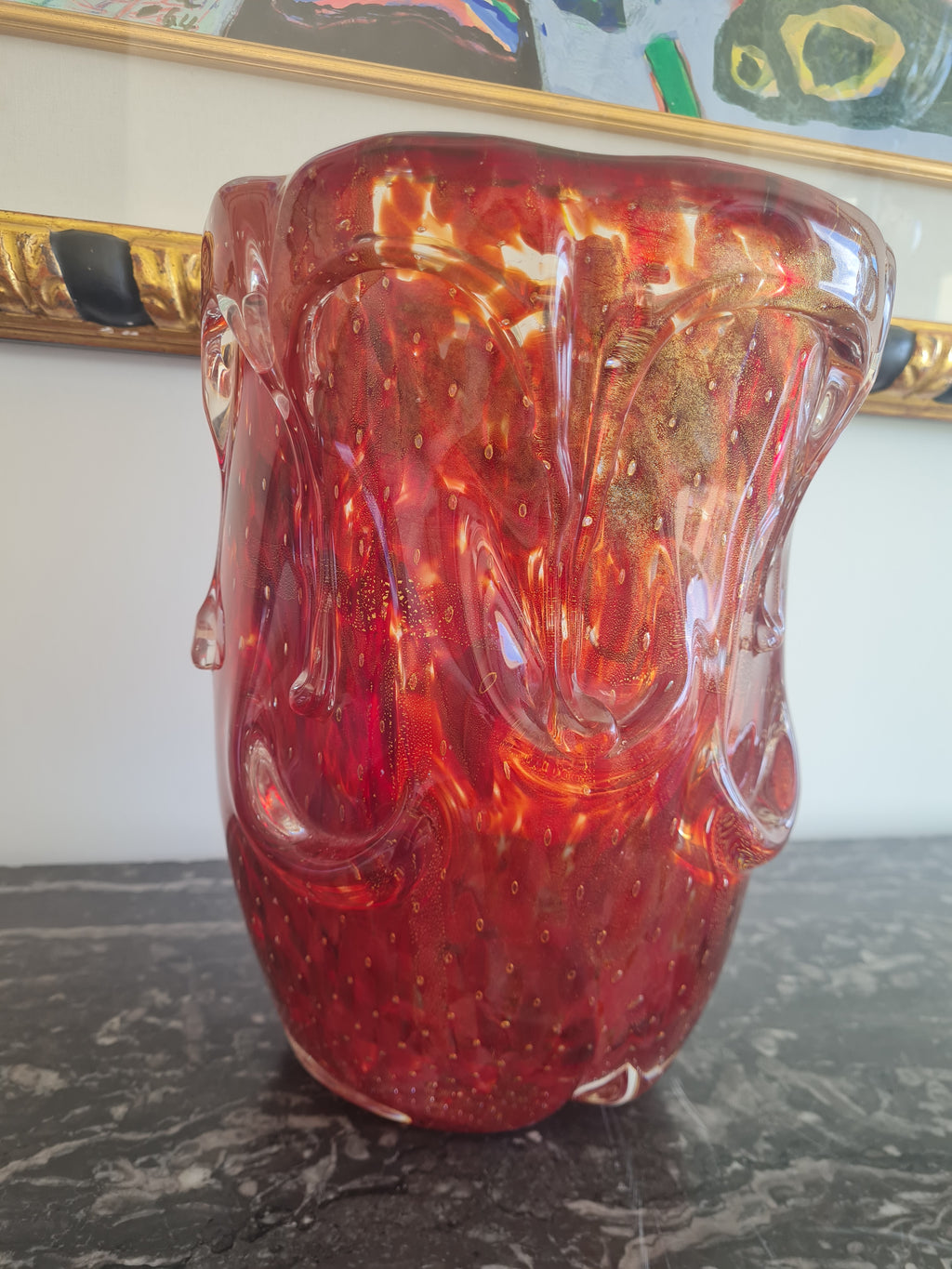Murano – Large Ruby Red “Rubino” Art Glass Vase with Bullicante, Avventurina Gold Dust & Applied Morise – Italy, c. 1950s–60s