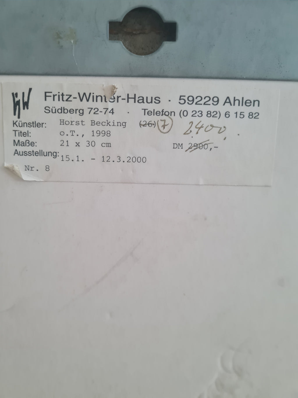 Horst Becking (b. 1937, Hagen) — o.T. (Untitled), 1998 Mixed media on paper — Exhibition label: Fritz-Winter-Haus, Ahlen, 2000
