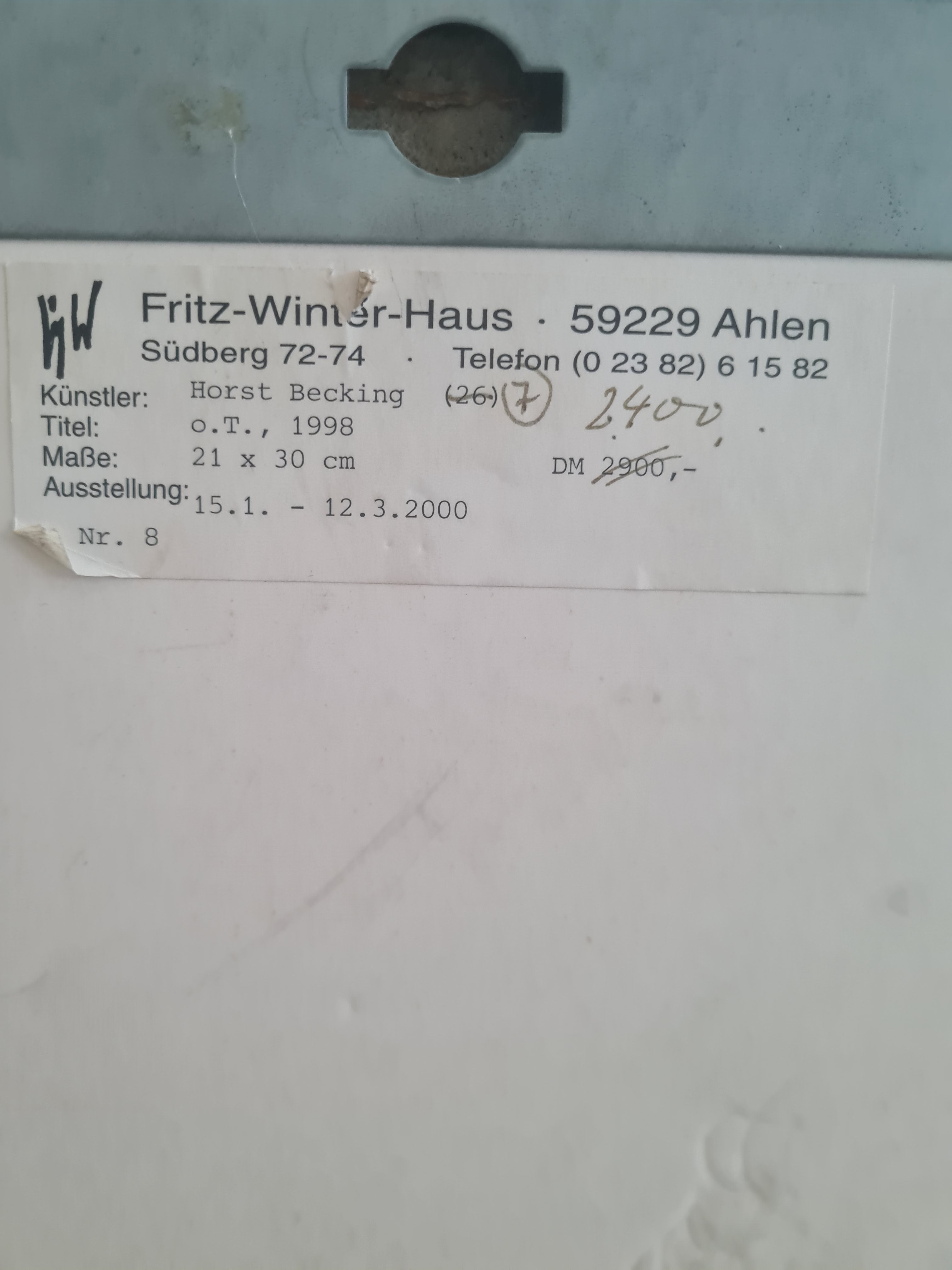 Horst Becking (b. 1937, Hagen) — o.T. (Untitled), 1998 Mixed media on paper — Exhibition label: Fritz-Winter-Haus, Ahlen, 2000
