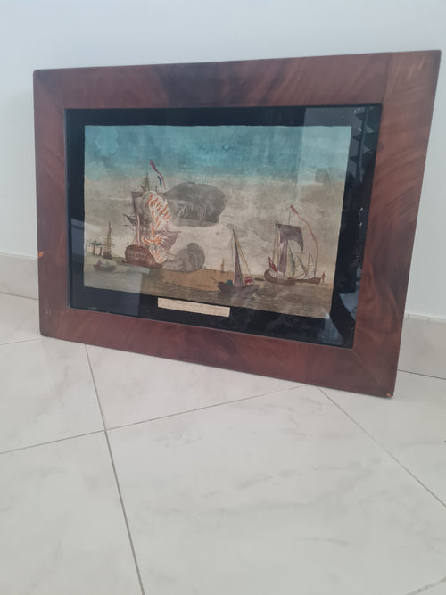 "Vue d'Optique nouvelle, representant un Vaisseau en feu dans le port de Brest" — No. 18 Hand-coloured etching with watercolour on laid paper — Paris, Chereau, c. 1793–1794