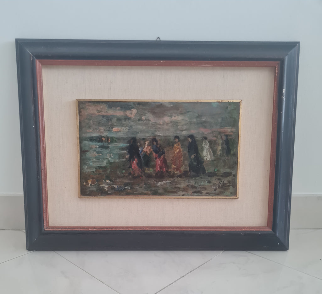 Vincenzo Irolli (1860–1949) — “Coastal Promenade at Sunset”, c. 1900–1930 Signed oil painting — Neapolitan School / Italian Impressionist genre painting