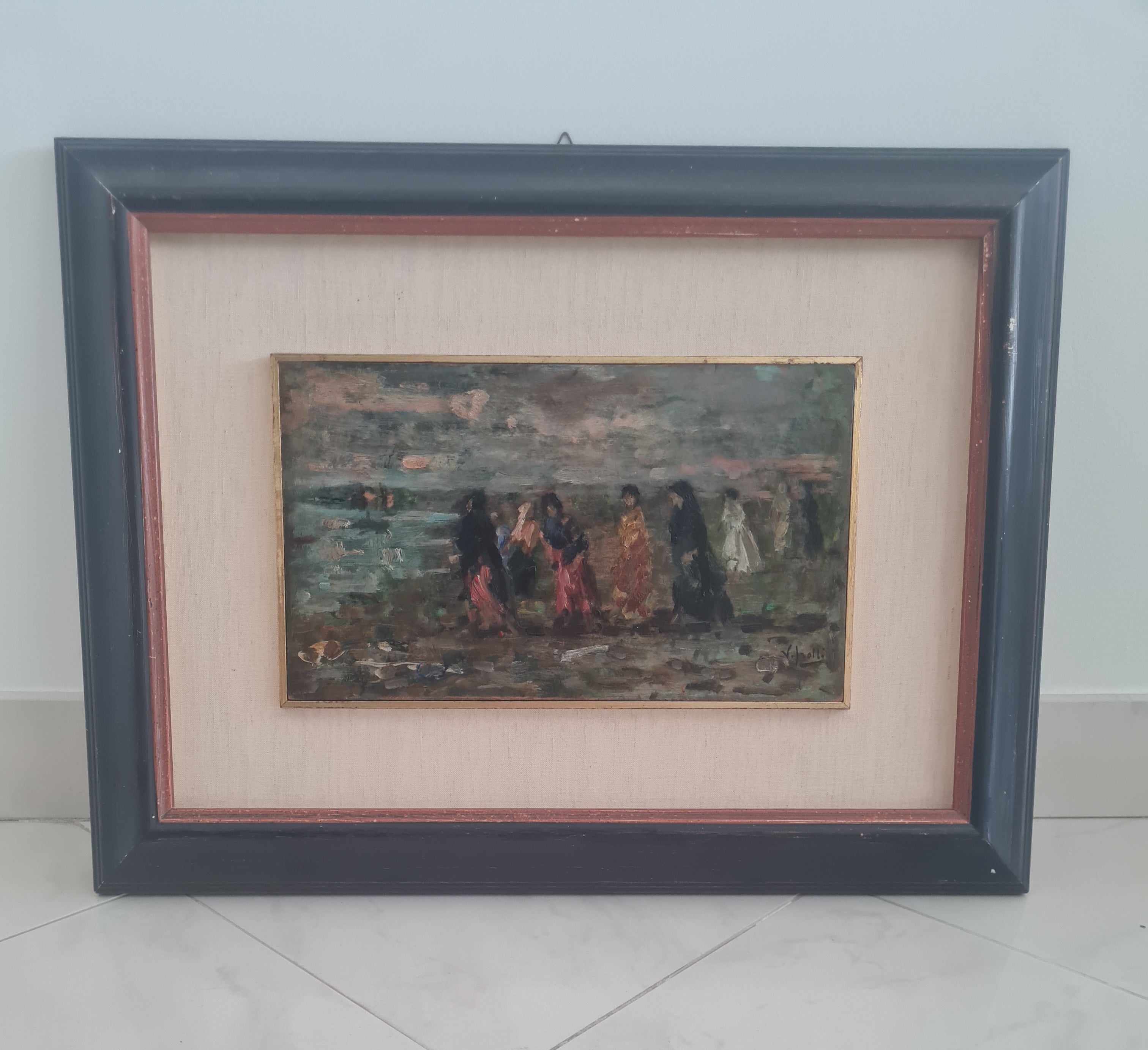 Vincenzo Irolli (1860–1949) — “Coastal Promenade at Sunset”, c. 1900–1930 Signed oil painting — Neapolitan School / Italian Impressionist genre painting